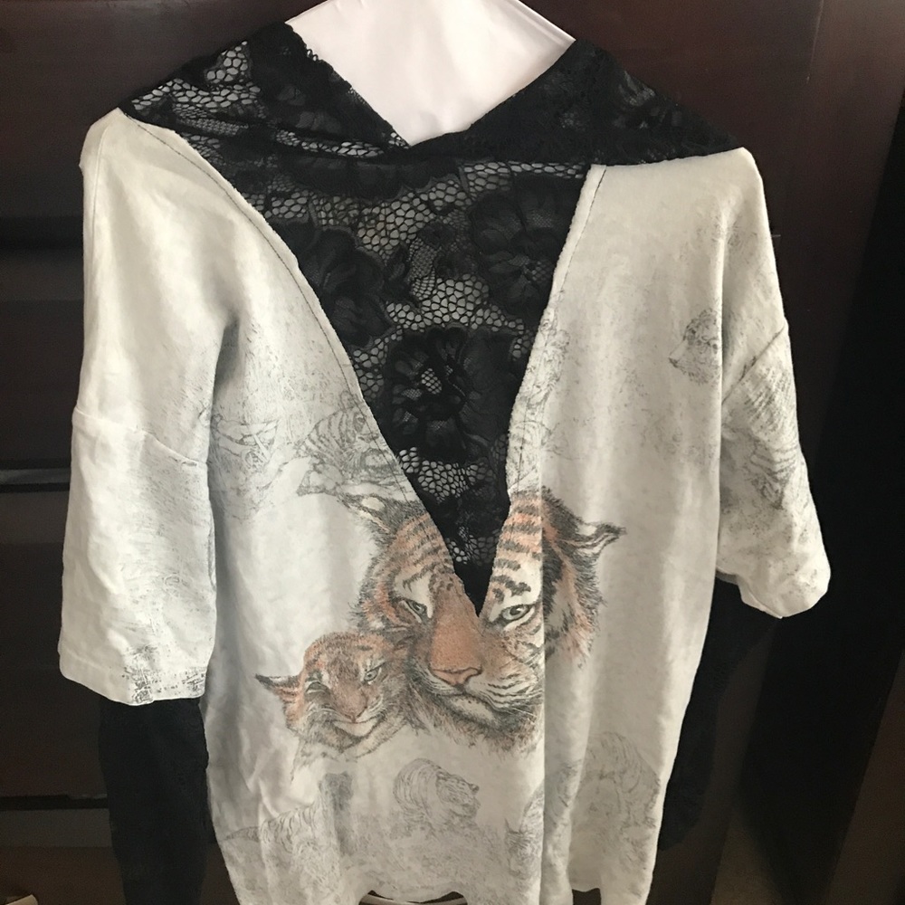 LF vintage top with lace sleeves and deep V-neck